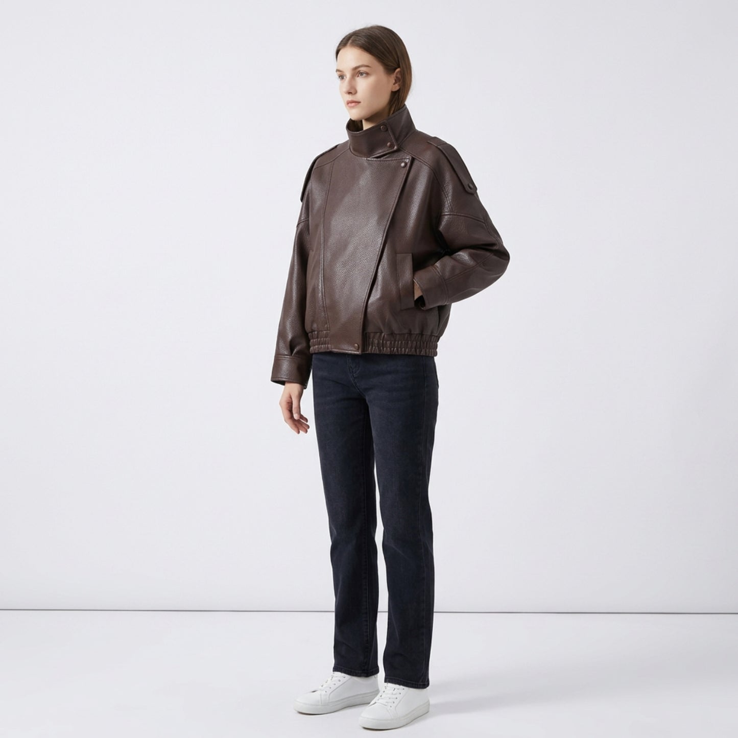 Oversized Läderjacka Dam – Svart/Brown Vintage Jacka – Casual Streetwear Jacka