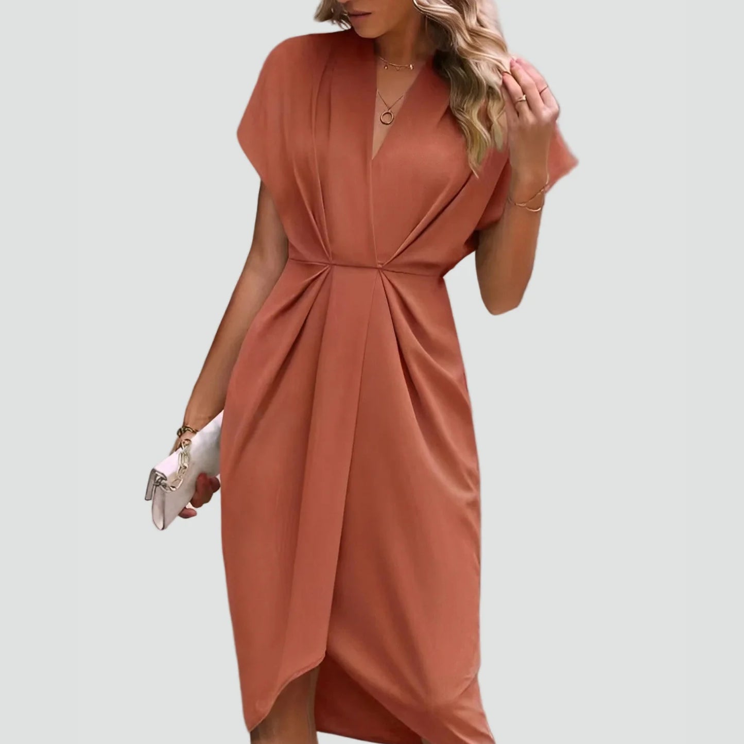 Satin Midi Klänning Dam – V-ringad Klänning med Markerad Midja & A-linjeform