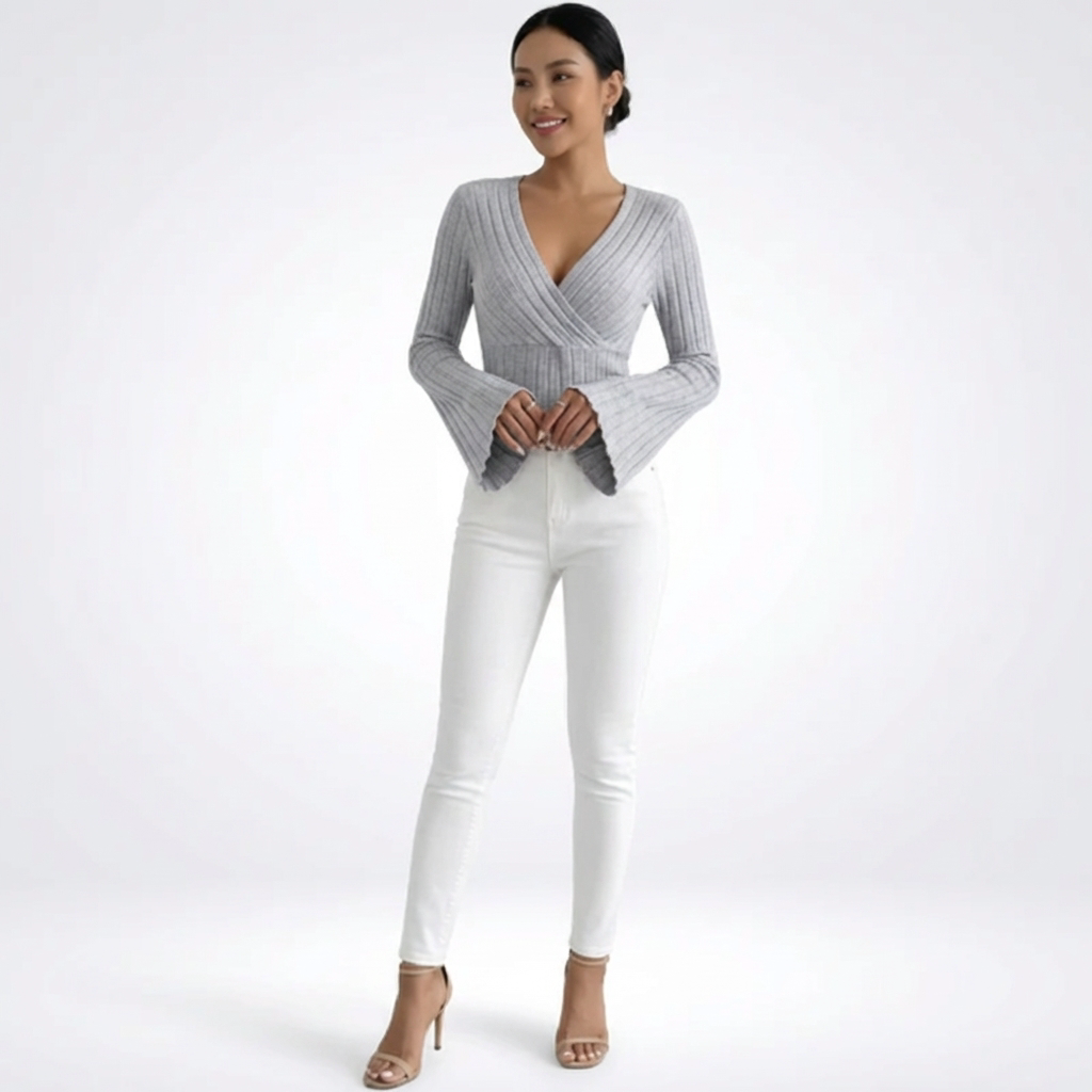 Ribbad Topp Dam – Slim Fit Långärmad Tröja med Flared Ärmar