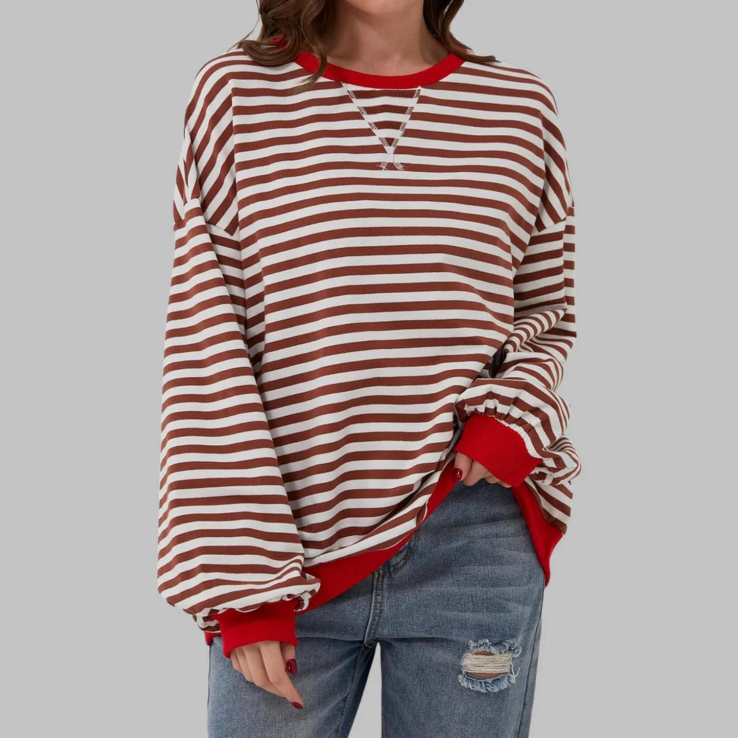 Randig Oversized Sweatshirt Dam – Casual Långärmad Tröja med Färgblock