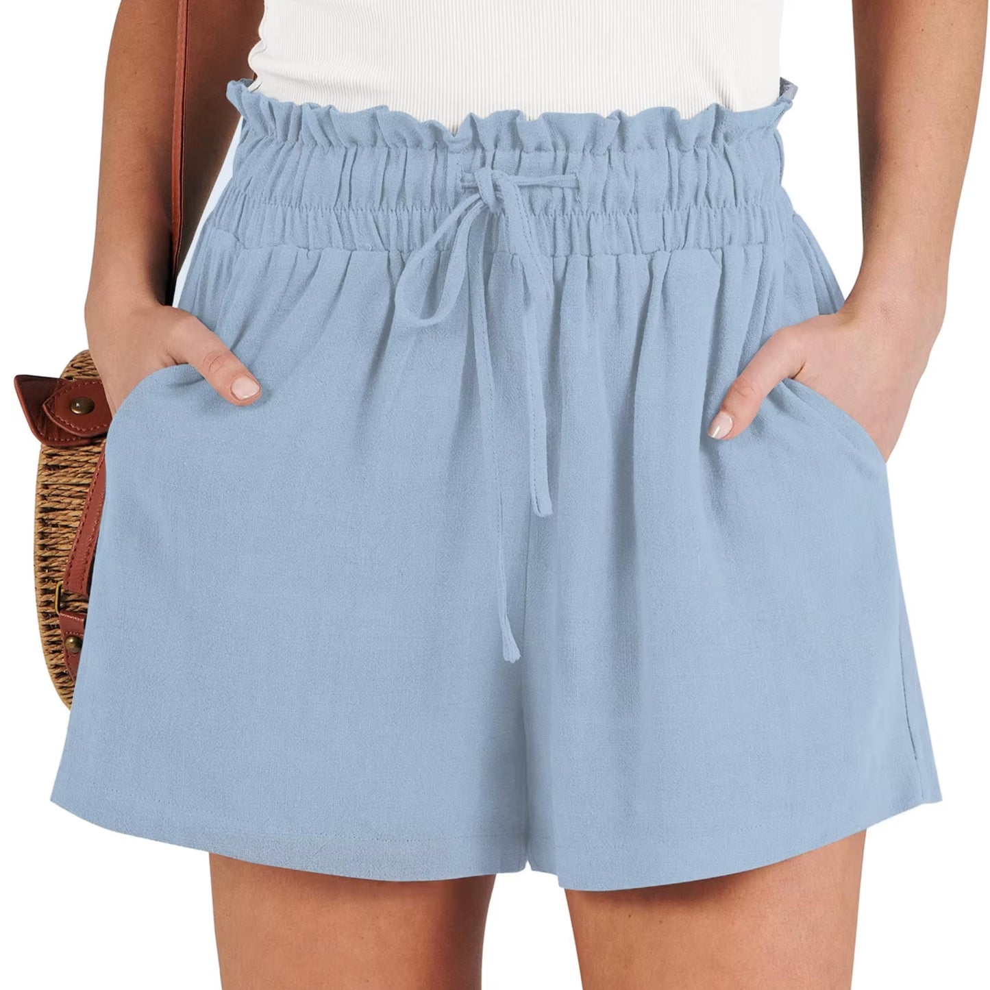 Linneshorts Dam med Dragsko – Lätta Högmidjade Sommarshorts för Dam