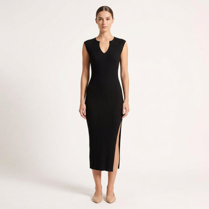 Ribbad Maxiklänning Dam – V-ringad Bodycon Klänning med Slits – Stretchig Sommarklänning