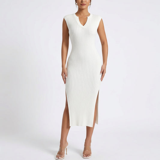 Ribbad Maxiklänning Dam – V-ringad Bodycon Klänning med Slits – Stretchig Sommarklänning