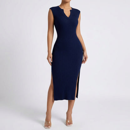 Ribbad Maxiklänning Dam – V-ringad Bodycon Klänning med Slits – Stretchig Sommarklänning