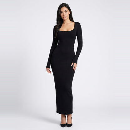Bodycon Maxiklänning Dam – Långärmad Tight Klänning med Rund Hals – Elegant Stretchklänning