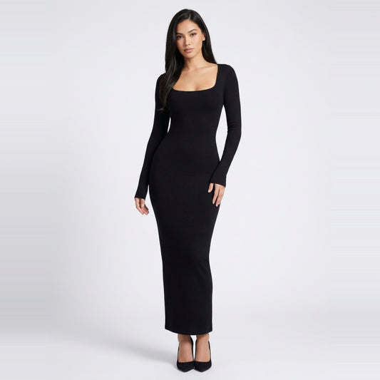 Bodycon Maxiklänning Dam – Långärmad Tight Klänning med Rund Hals – Elegant Stretchklänning
