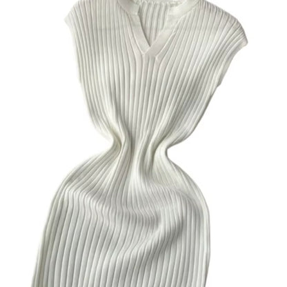 Ribbad Maxiklänning Dam – V-ringad Bodycon Klänning med Slits – Stretchig Sommarklänning