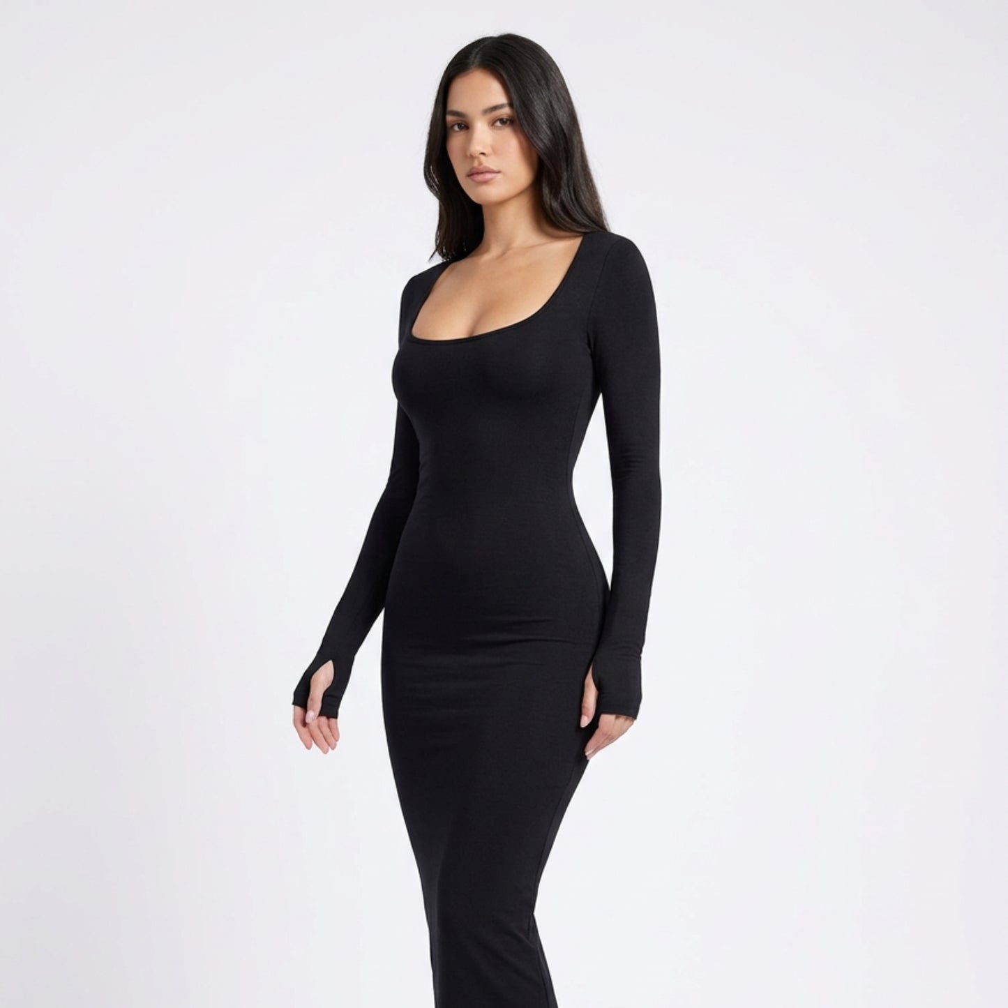 Bodycon Maxiklänning Dam – Långärmad Tight Klänning med Rund Hals – Elegant Stretchklänning