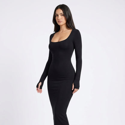 Bodycon Maxiklänning Dam – Långärmad Tight Klänning med Rund Hals – Elegant Stretchklänning