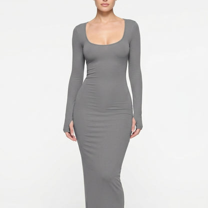 Bodycon Maxiklänning Dam – Långärmad Tight Klänning med Rund Hals – Elegant Stretchklänning