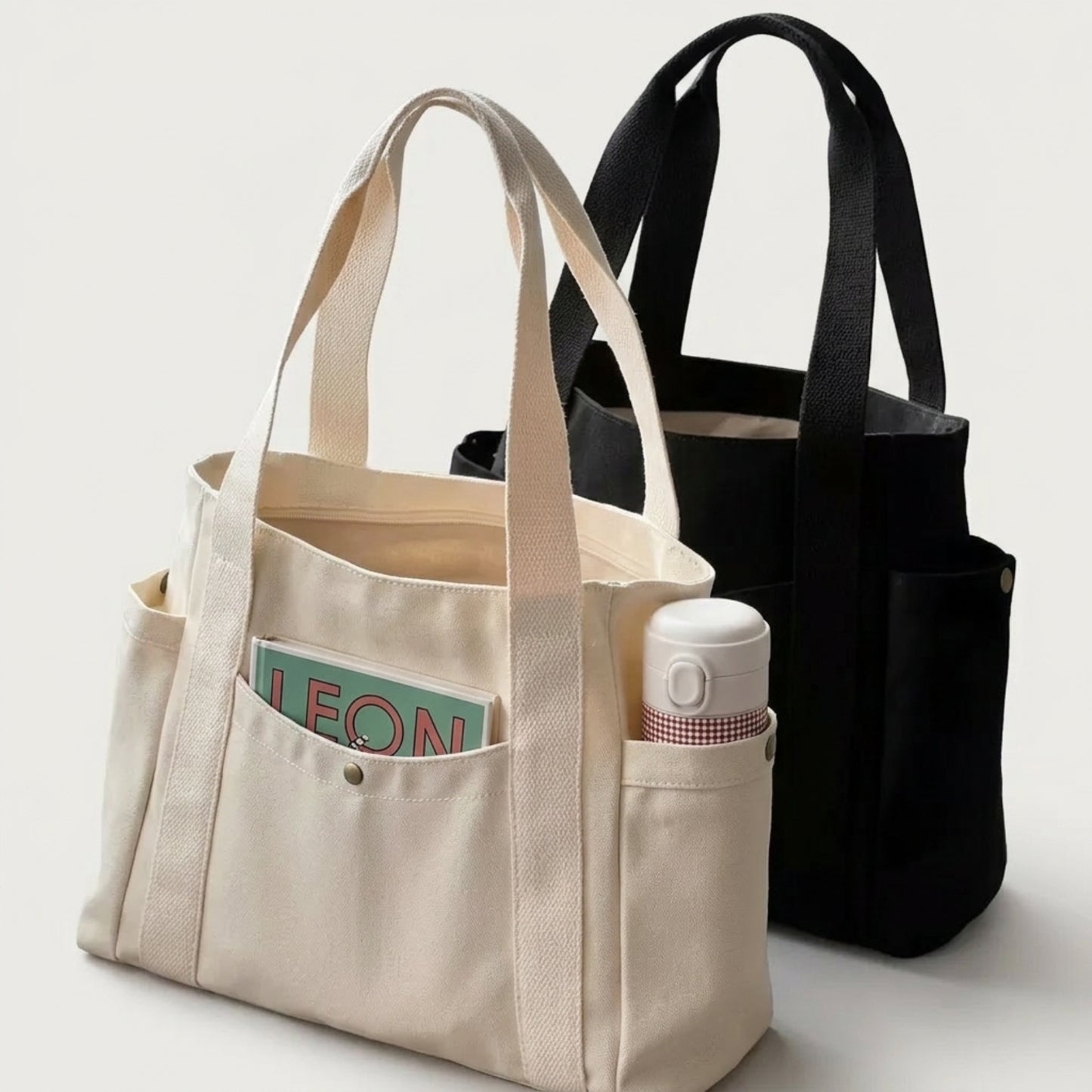 Canvas Tote Bag Dam – Stor Axelväska med Flera Fack – Rymlig Handväska för Vardag & Skola