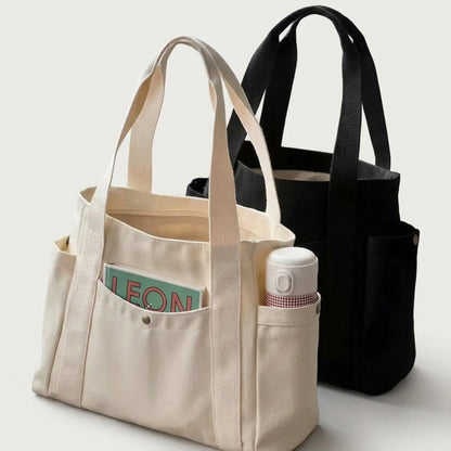 Canvas Tote Bag Dam – Stor Axelväska med Flera Fack – Rymlig Handväska för Vardag & Skola