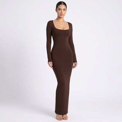 Bodycon Maxiklänning Dam – Långärmad Tight Klänning med Rund Hals – Elegant Stretchklänning