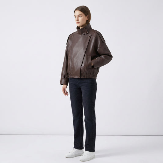 Oversized Läderjacka Dam – Svart/Brown Vintage Jacka – Casual Streetwear Jacka