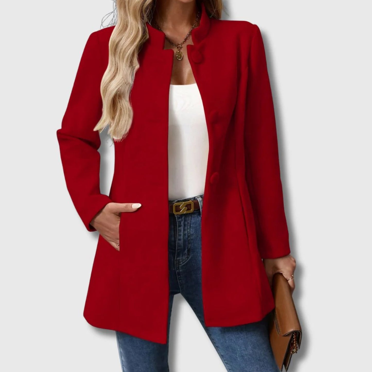 Elegant Midikappa Dam – Figursydd Kappa med Ståkrage & Knappar