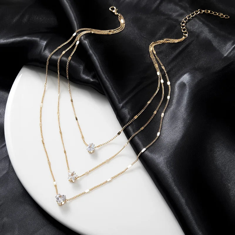 Elegant Flerlagers Kedja Halsband | Glittrande Zirkon Choker Smycke Dam