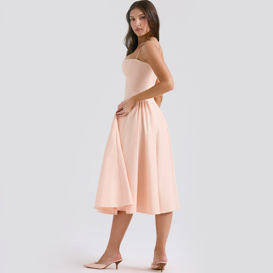 Damernas Elegant Bomull-Polyester Midiklänning | Smickrande Chic Design för Alla Tillfällen