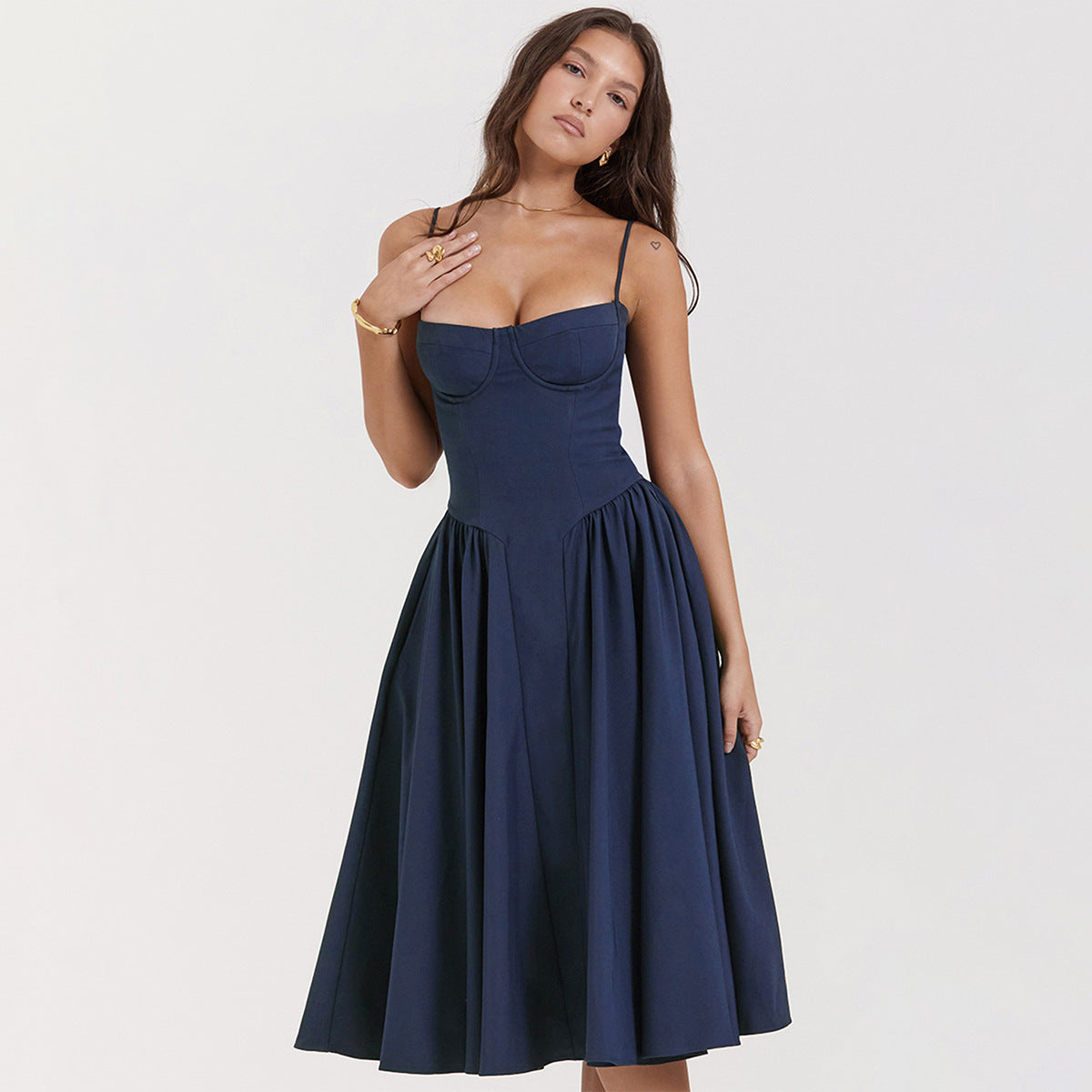 Damernas Elegant Bomull-Polyester Midiklänning | Smickrande Chic Design för Alla Tillfällen