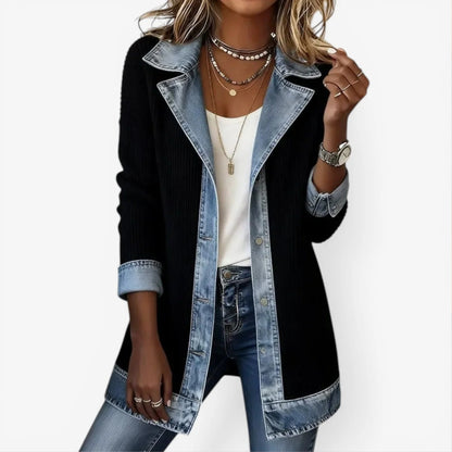 Stickad Jeansjacka Dam – Lång Cardigan med Denimdetaljer & Fickor