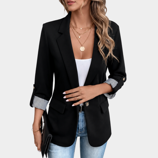 Elegant Kavaj Dam | Svart Slim Fit Blazer med Rullade Ärmar | Stilig Design för Vardag och Fest