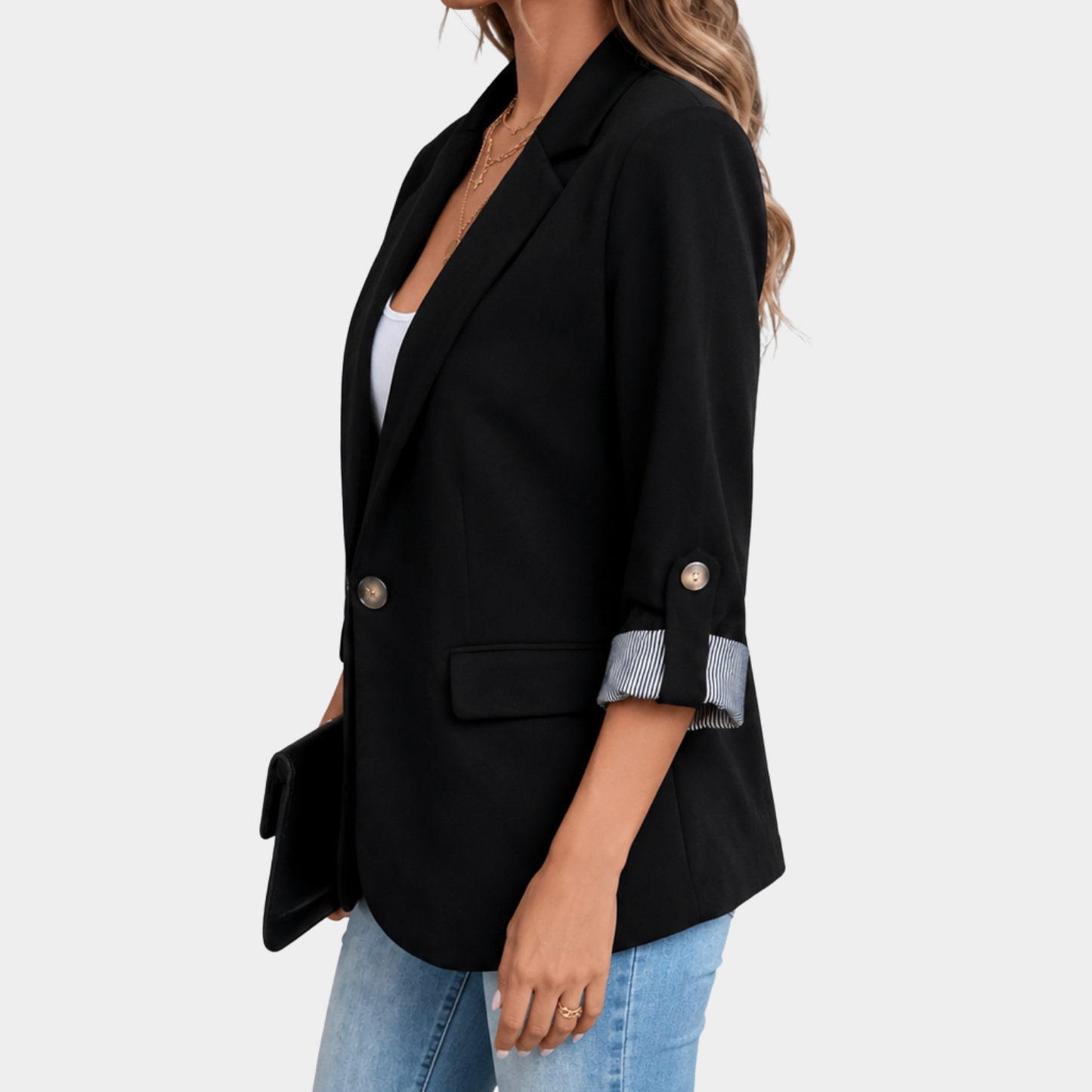 Elegant Kavaj Dam | Svart Slim Fit Blazer med Rullade Ärmar | Stilig Design för Vardag och Fest