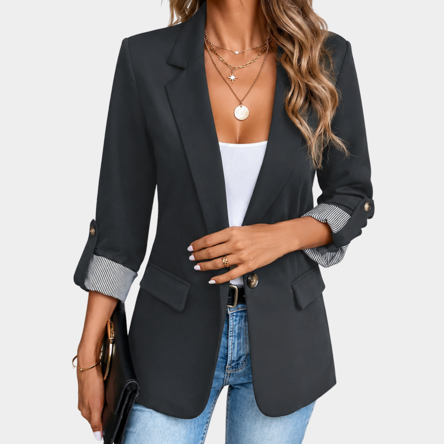 Elegant Kavaj Dam | Svart Slim Fit Blazer med Rullade Ärmar | Stilig Design för Vardag och Fest