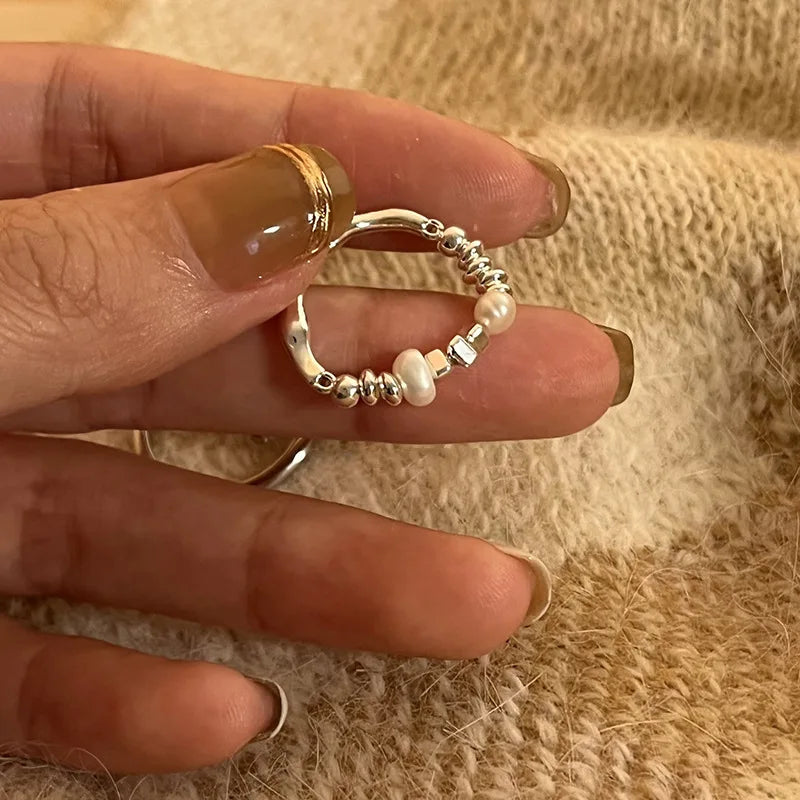 Eleganta 925 Sterling Silver Ringar | Geometrisk Multilager Rund Pärl Design Dam