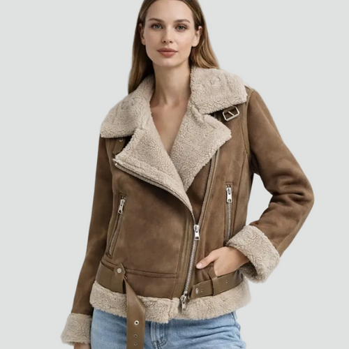Kvinnors Mjuka Läderlook Bikerjacka | Elegant Teddyfodrad Design