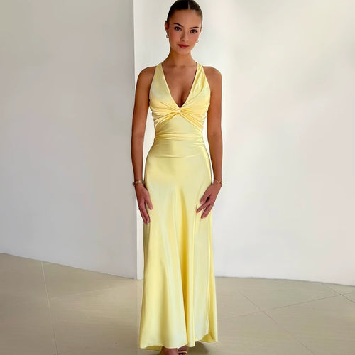 Elegant Satin Maxiklänning Dam – Halterneck Klänning med Öppen Rygg & Knytband