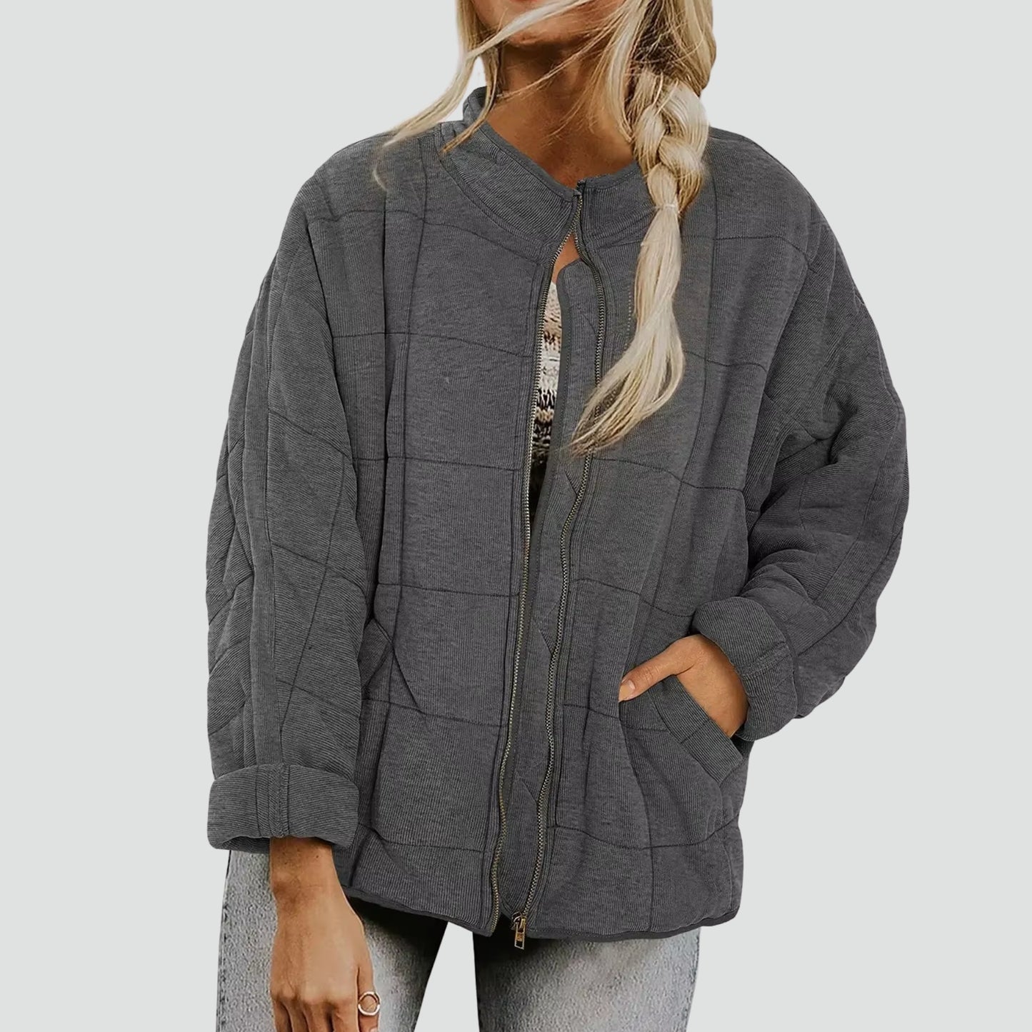Quiltad Damjacka med Dragkedja – Oversized Vadderad Vår- & Höstjacka för Dam