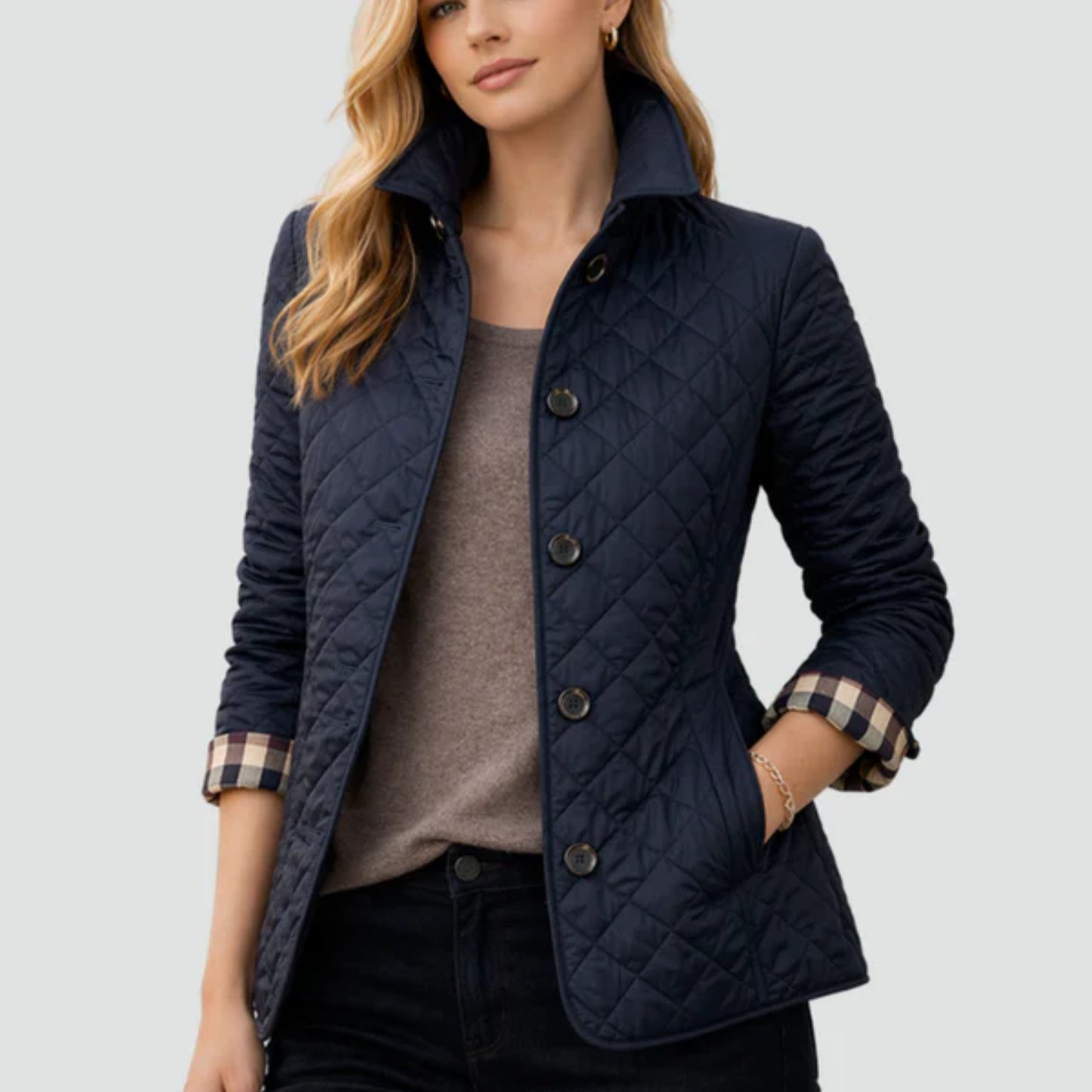Quiltad Damjacka – Elegant Vadderad Jacka med Knappar & Ståkrage