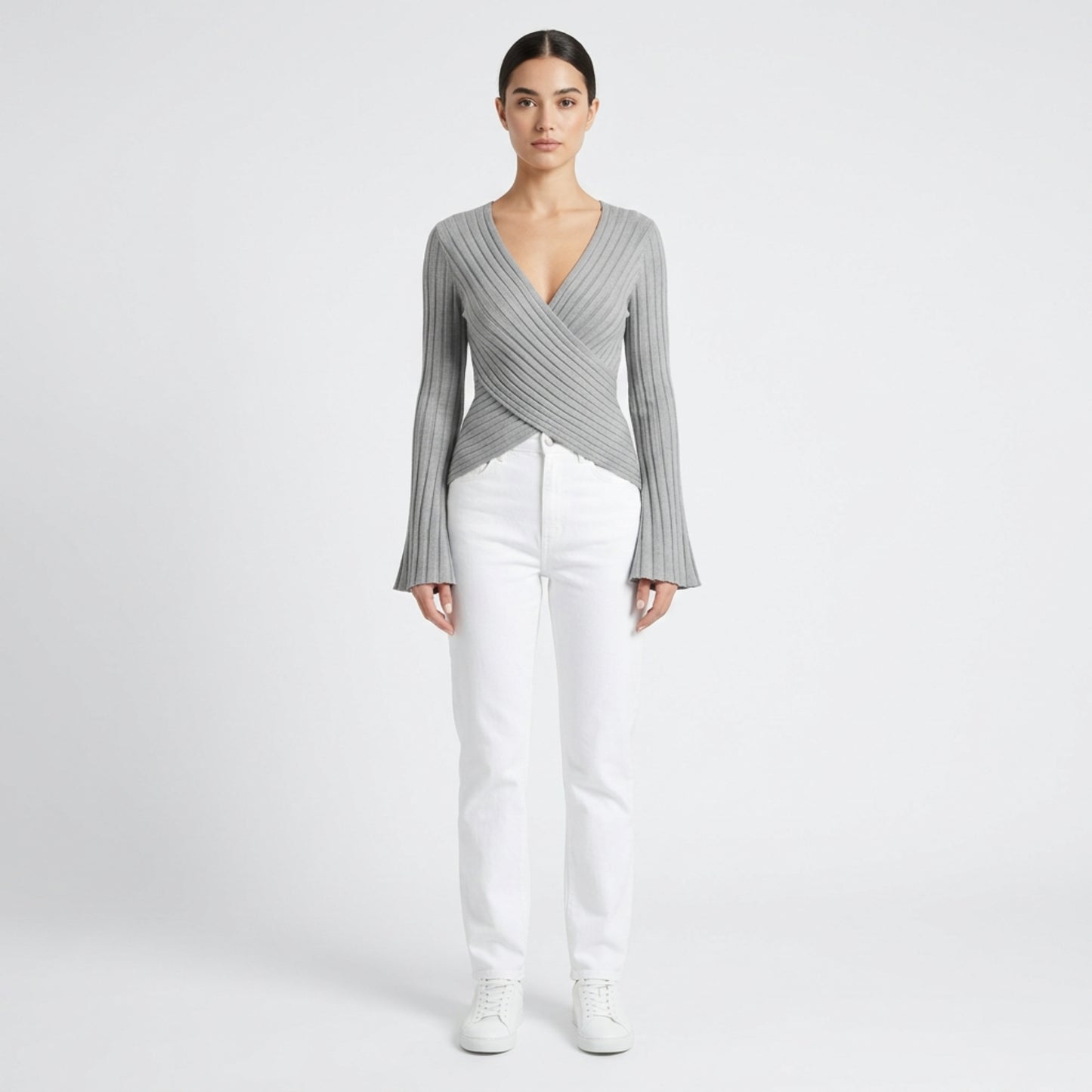 Ribbad Topp Dam – Slim Fit Långärmad Tröja med Flared Ärmar