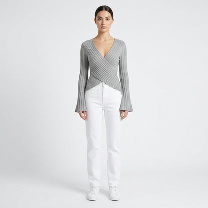 Ribbad Topp Dam – Slim Fit Långärmad Tröja med Flared Ärmar