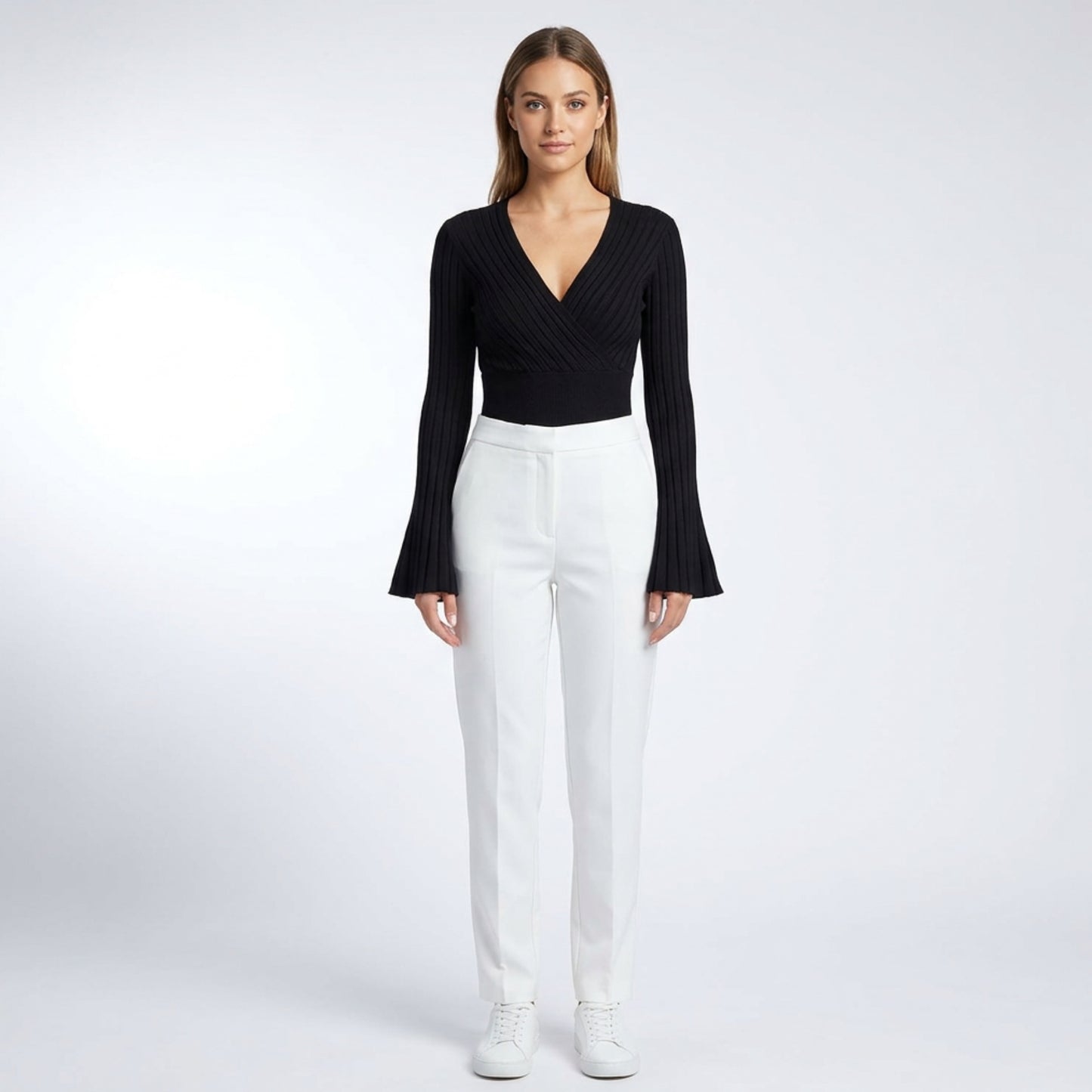 Ribbad Topp Dam – Slim Fit Långärmad Tröja med Flared Ärmar