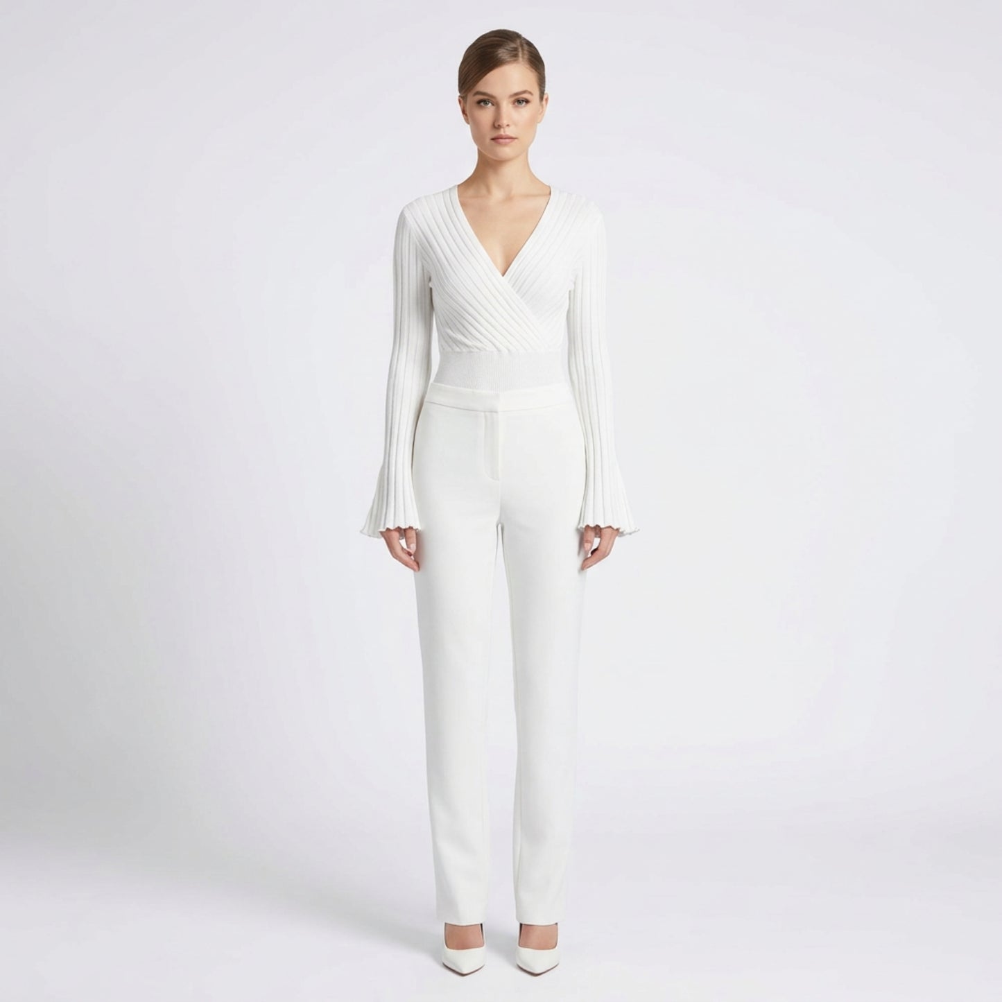 Ribbad Topp Dam – Slim Fit Långärmad Tröja med Flared Ärmar