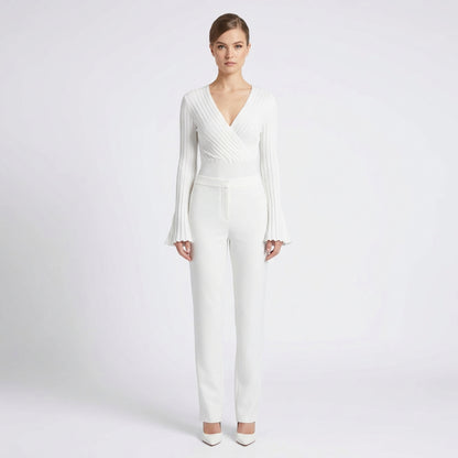 Ribbad Topp Dam – Slim Fit Långärmad Tröja med Flared Ärmar