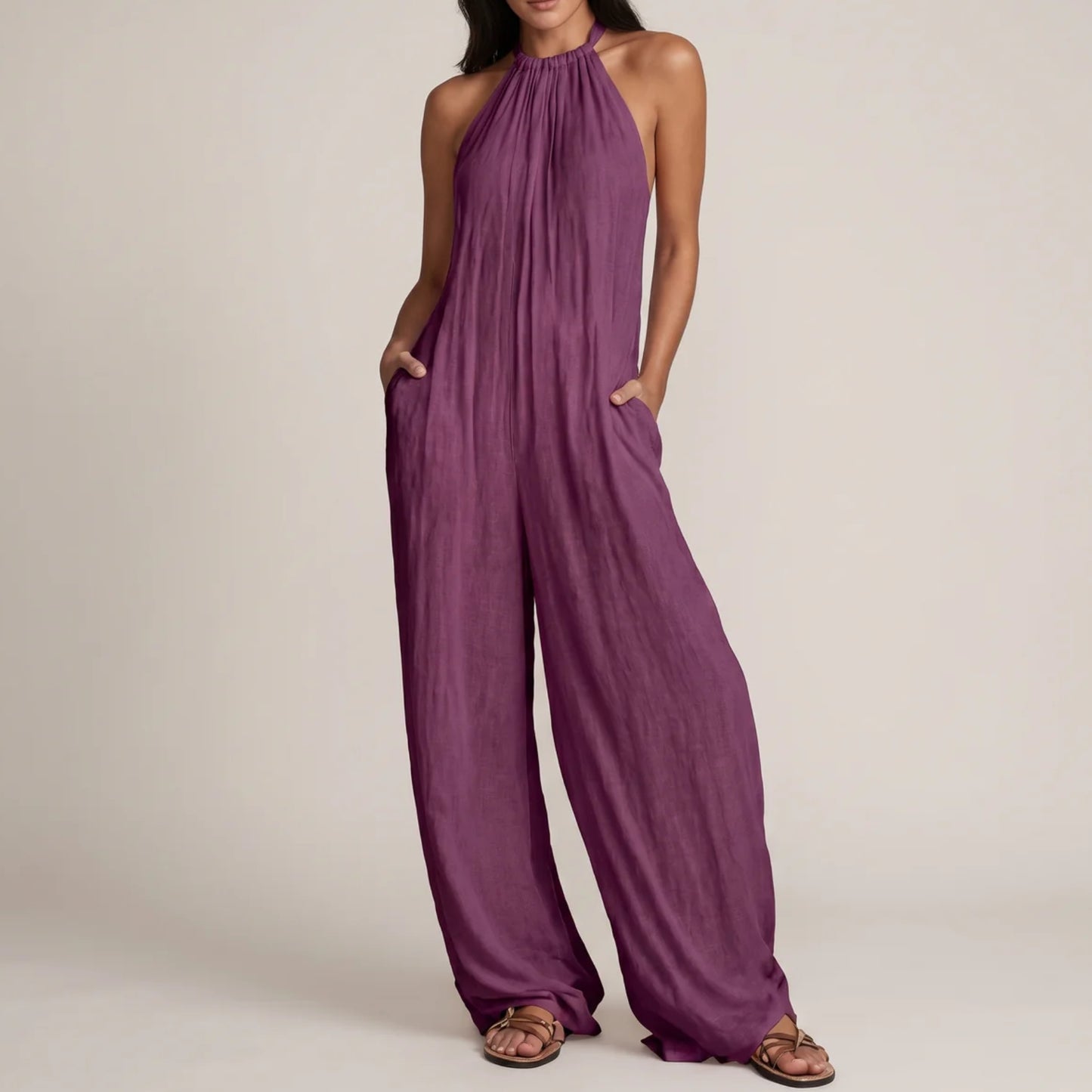 Elegant Halterneck Jumpsuit Dam – Ärmlös Vid Jumpsuit för Semester & Sommar