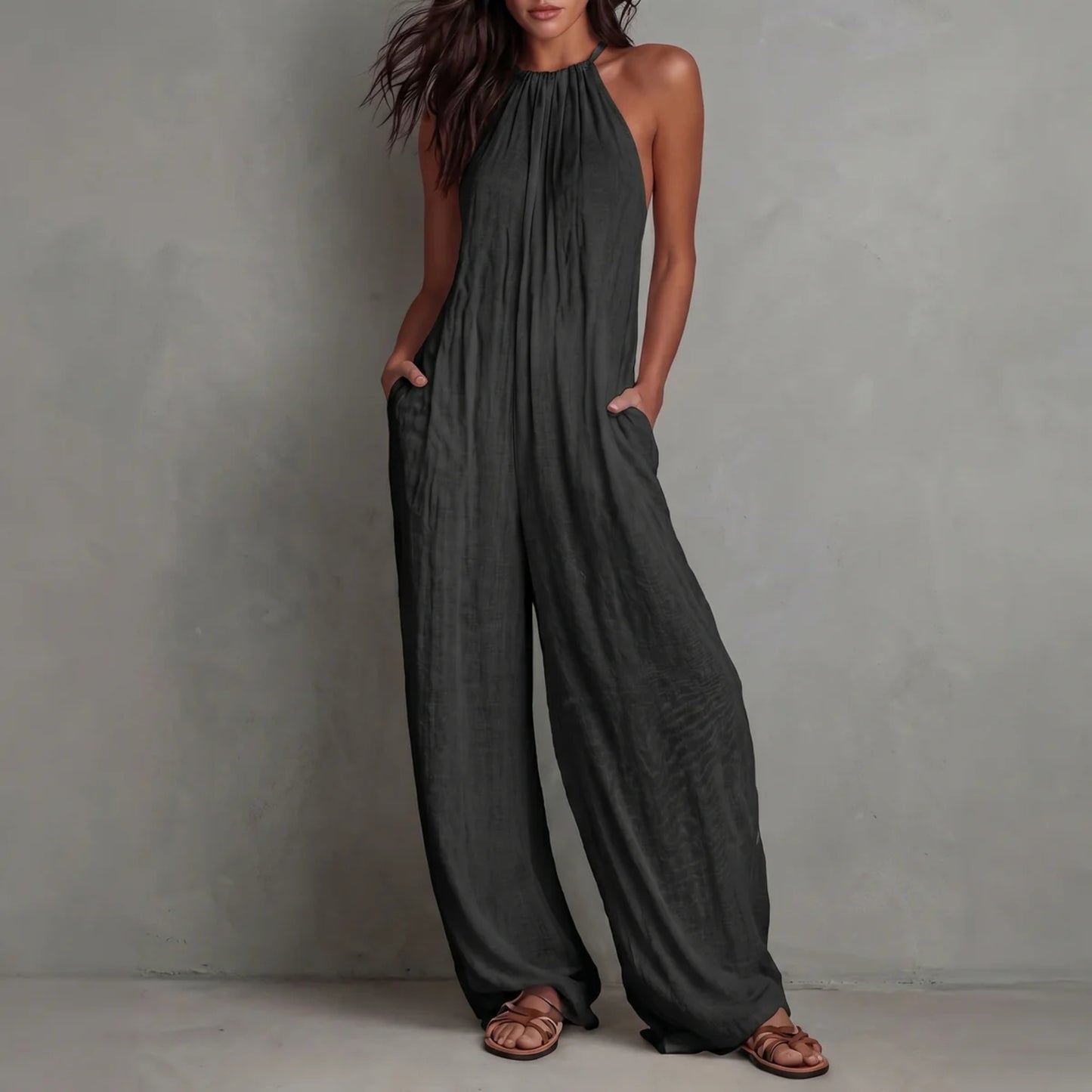 Elegant Halterneck Jumpsuit Dam – Ärmlös Vid Jumpsuit för Semester & Sommar