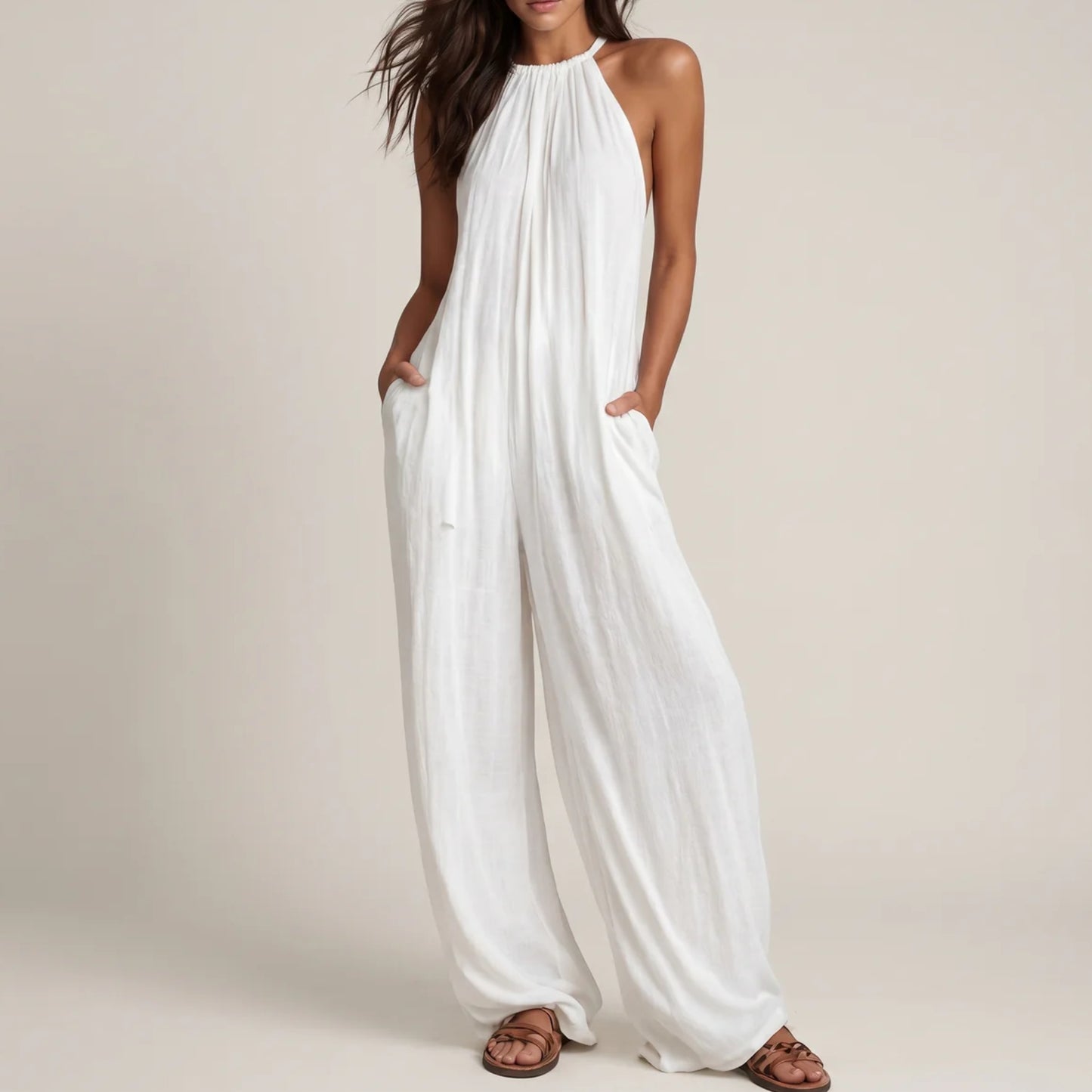 Elegant Halterneck Jumpsuit Dam – Ärmlös Vid Jumpsuit för Semester & Sommar