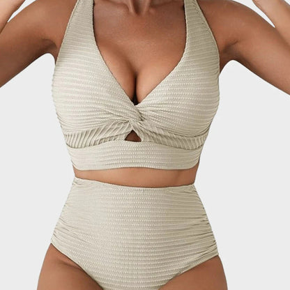 Ribbad Bikini för Dam – Högmidjad Tvådelad Bikini med V-ringning