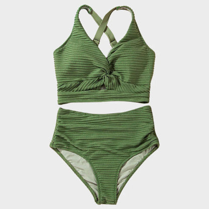 Ribbad Bikini för Dam – Högmidjad Tvådelad Bikini med V-ringning