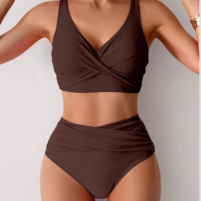 Högmidjad Bikini Dam – Push Up Bikini Set med V-ringning & Formande Passform