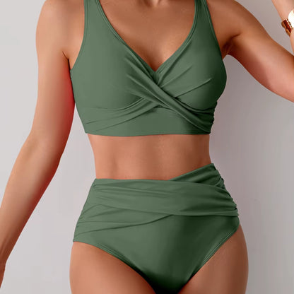 Högmidjad Bikini Dam – Push Up Bikini Set med V-ringning & Formande Passform