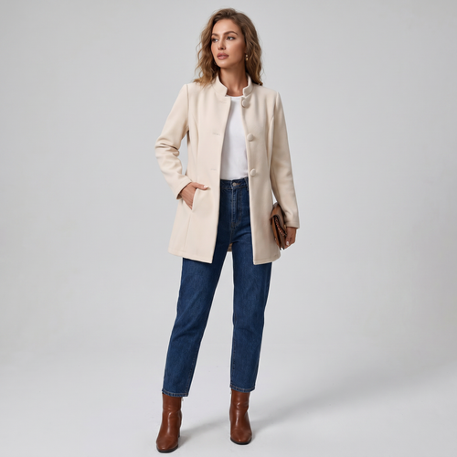 Elegant Midikappa Dam – Figursydd Kappa med Ståkrage & Knappar