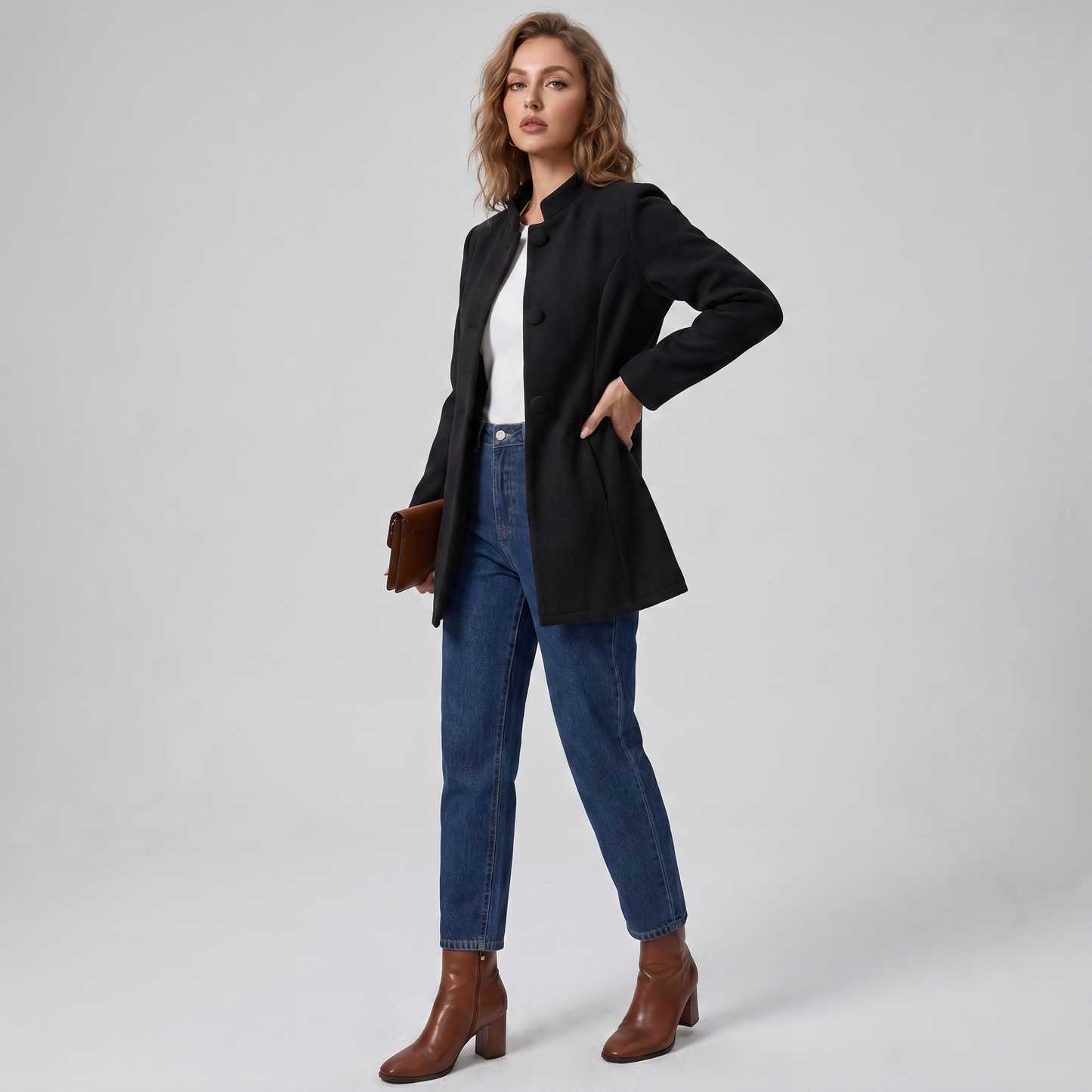 Elegant Midikappa Dam – Figursydd Kappa med Ståkrage & Knappar