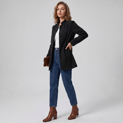 Elegant Midikappa Dam – Figursydd Kappa med Ståkrage & Knappar