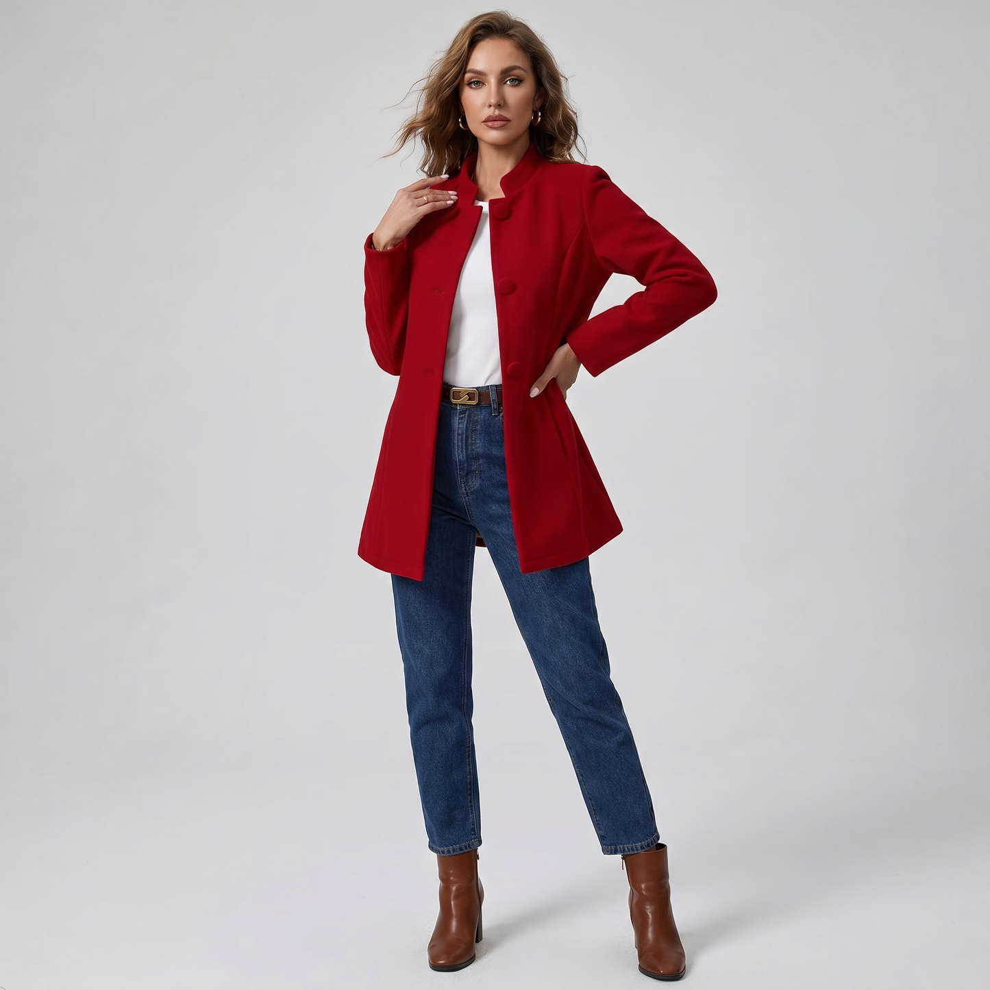 Elegant Midikappa Dam – Figursydd Kappa med Ståkrage & Knappar