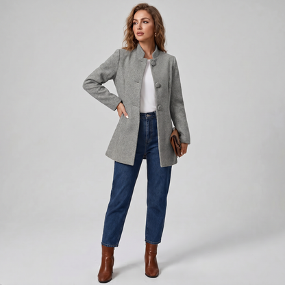Elegant Midikappa Dam – Figursydd Kappa med Ståkrage & Knappar