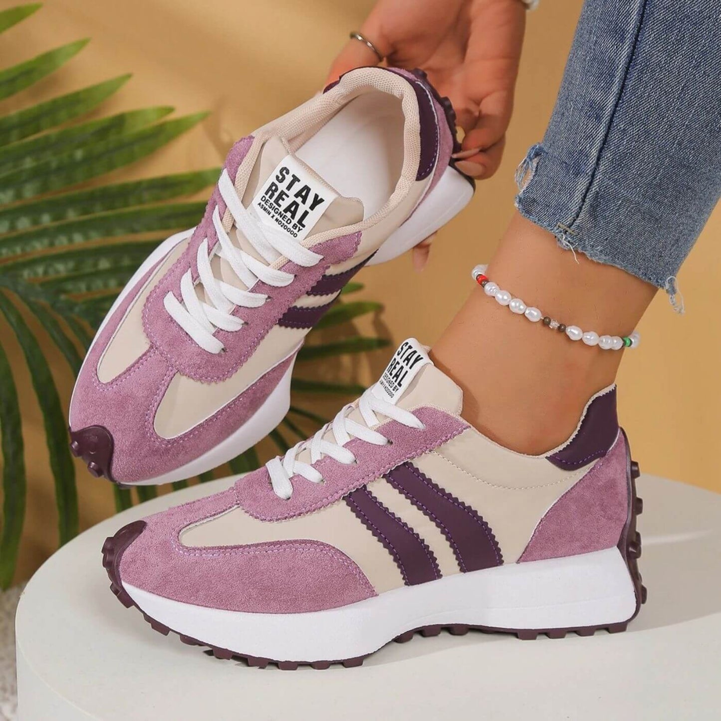 Retro Sneakers Dam med Plattform – Bekväma Vardagsskor i Patchwork Design