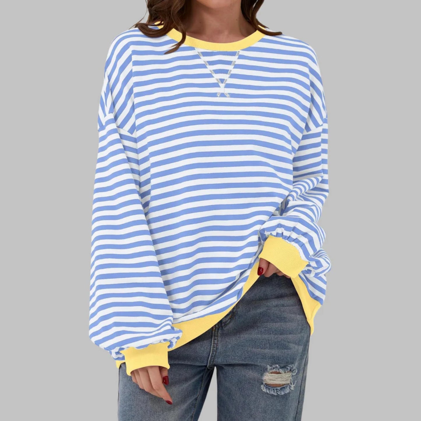 Randig Oversized Sweatshirt Dam – Casual Långärmad Tröja med Färgblock